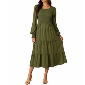 Kirundo Olive Green Smocked Tiered Midi Dress Size XXL Puff Sleeve Cottagecore